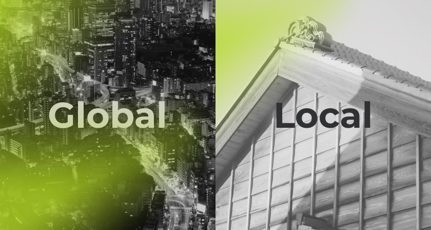A city skyline labeled Global beside a traditional building labeled Local