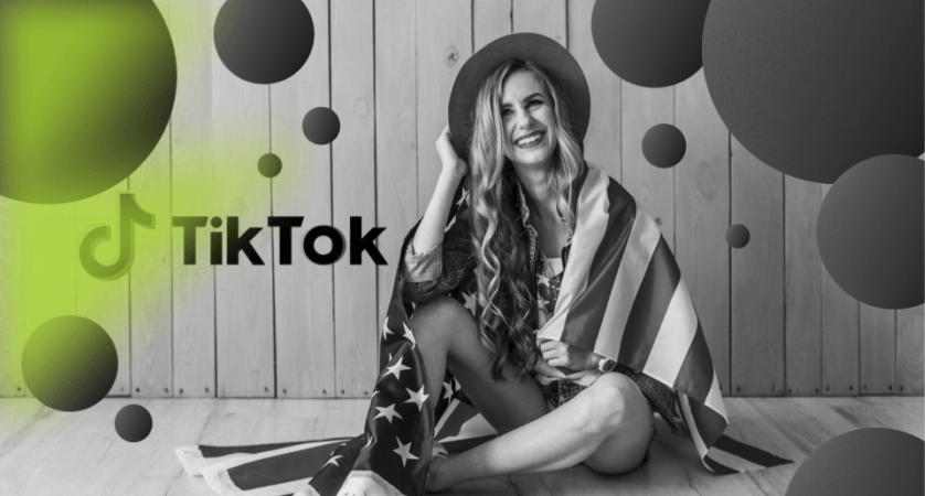 Woman wrapped in a US flag beside the TikTok logo