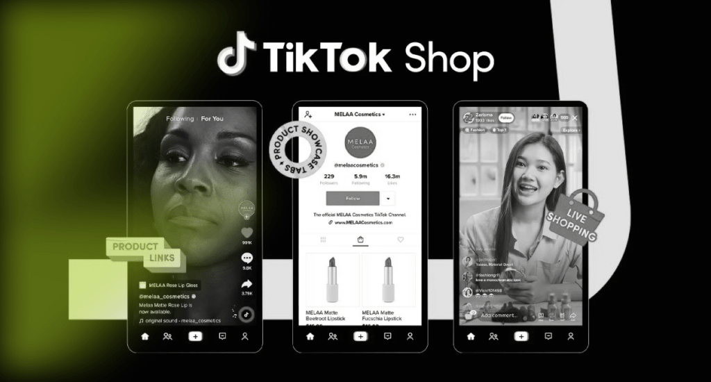 Three phone screens showing TikTok Shop product links, a product showcase tab and live shopping