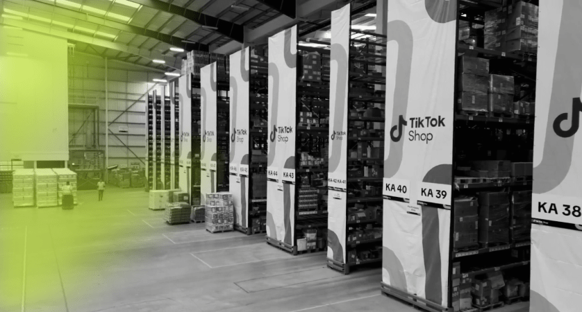 TikTok Shop fulfillment warehouse with branded storage racks